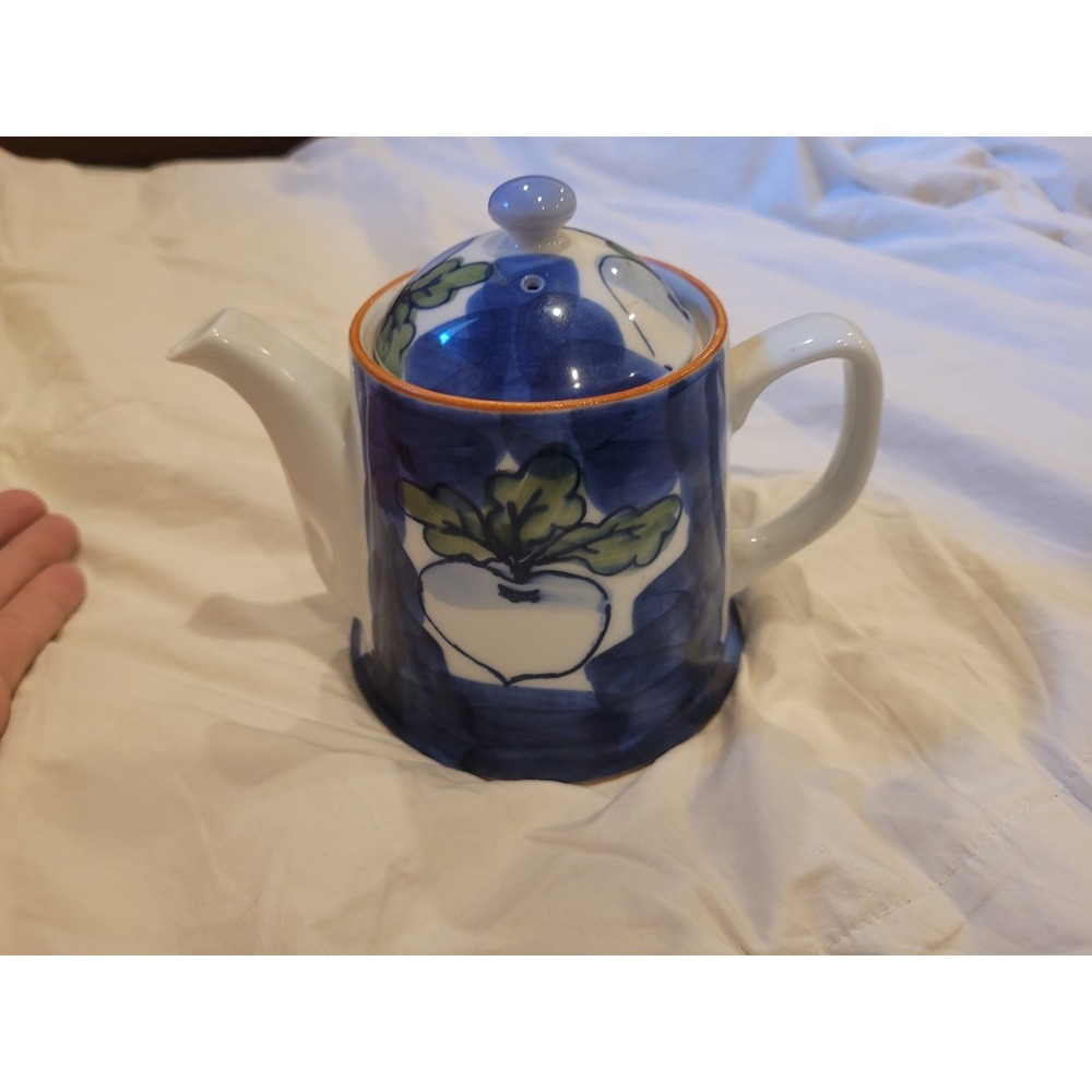Little Blue & White Ceramic Teapot With Lid And Tea Strainer